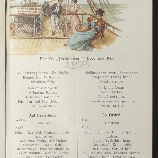 Speisekarte von Norddeutscher Lloyd Bremen, 4. November 1900, mit Passagierszene auf Deck und deutsch-englischem Menü.