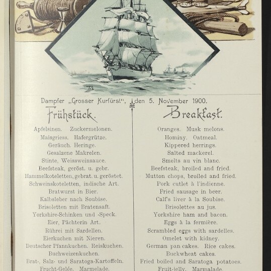 Menüblatt Norddeutscher Lloyd Bremen mit gezeichnetem Dreimastsegler, nautischen Werkzeugen und bilingualem Frühstücksmenü.