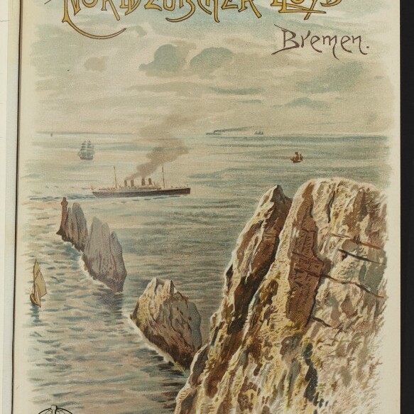 Vintage-Werbeillustration des Norddeutschen Lloyd Bremen mit Passagierdampfer auf See zwischen zerklüfteten Klippen und Felsen.
