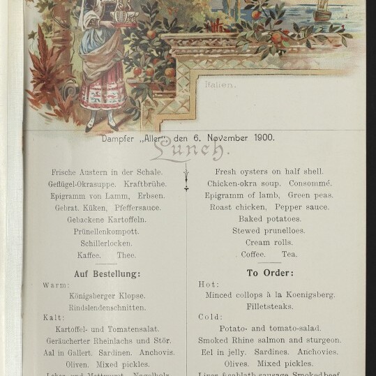 Schiffsmenü des Norddeutschen Lloyd (6. Nov. 1900) mit Frau in Tracht, Orangenranken, Schiff und zweisprachiger Speisekarte.