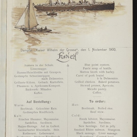 Passagierdampfer 'Kaiser Wilhelm der Große' mit Segelboot auf Menüblatt der Reederei Norddeutscher Lloyd, 1.11.1900.