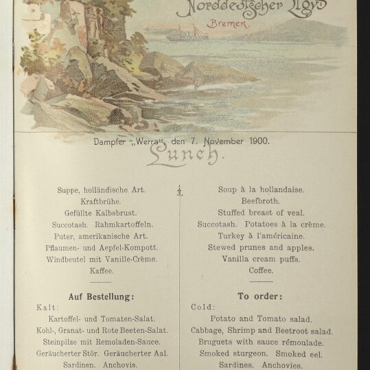 Historische Speisekarte der Reederei Norddeutscher Lloyd (Dampfer Werra) vom 7. November 1900 mit Küstenaquarell und deutsch-englischem Menü