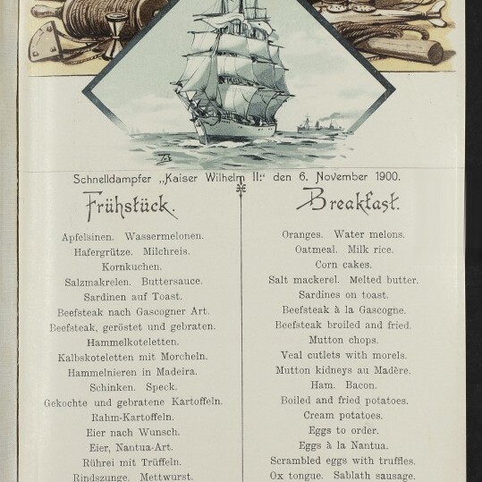 Menüblatt Norddeutscher Lloyd Bremen (6.11.1900) mit Segelschiff in Rhombus und zweisprachiger Frühstücksliste