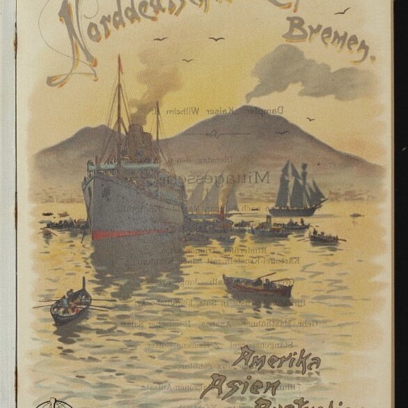 Großes Dampfschiff in einem Hafen bei Dämmerung, umgeben von Ruder- und Segelbooten, Bergkulisse und dekorativer Schrift Norddeutscher Lloyd Bremen.