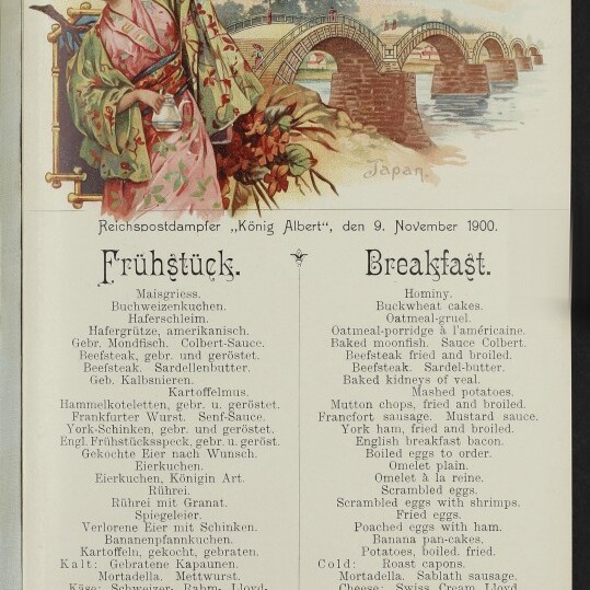 Frau in traditionellem Kimono mit Papierschirm vor Bogenbrücke; Norddeutscher Lloyd Bremen und zweisprachiges Frühstücksmenü.