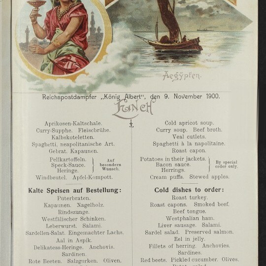 Schiffsmenü 9. Nov. 1900: ägyptische Frau mit Pokal links, Segelboot auf See, zweisprachiger Menütext.