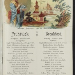 Altes Menüblatt (10. Nov. 1900) der Reederei Norddeutscher Lloyd mit asiatisch gekleideter Frau, Pagodenlandschaft und Frühstückstexten in Deutsch und Englisch.