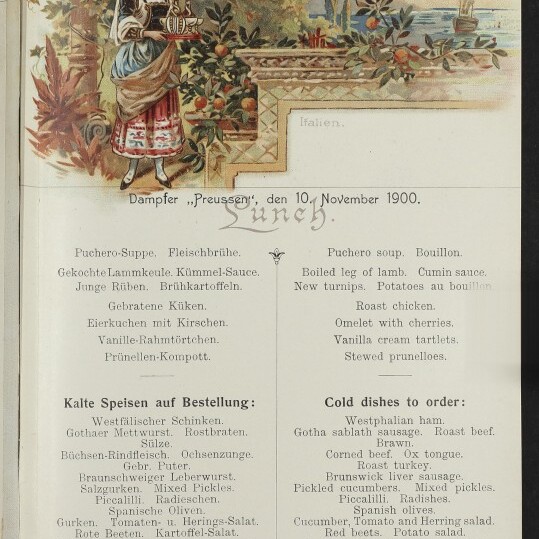Speisekarte des Norddeutschen Lloyd Bremen (10. Nov. 1900) mit Frau in Tracht, Küstenmotiv und Menüttexten auf Deutsch und Englisch.