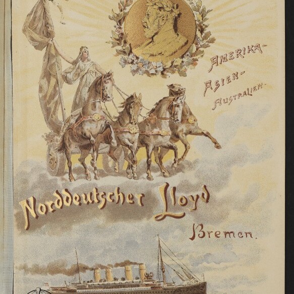 Vierspannkutsche mit Frauenfigur, goldenes Medaillon mit Profil, Schriftzug Norddeutscher Lloyd und Passagierdampfer.
