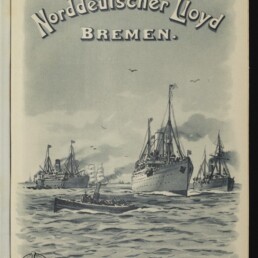 Historische Illustration mehrerer Dampfschiffe und eines Ruderboots auf See unter dem Schriftzug Norddeutscher Lloyd Bremen.