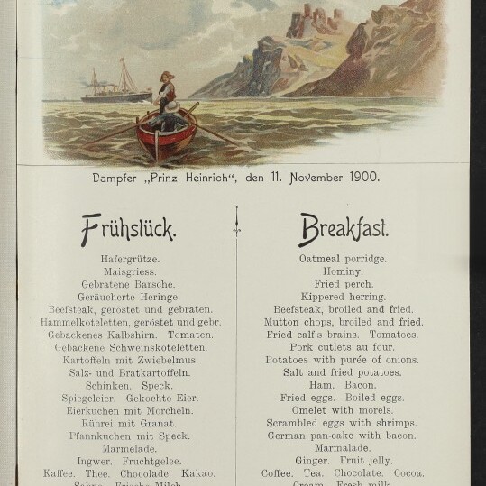 Norddeutscher Lloyd Bremen Frühstücksmenü (11. Nov. 1900) mit Aquarell: Person im Ruderboot, Dampfschiff und felsiger Küste.