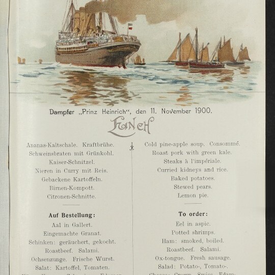 Dampfschiff Prinz Heinrich mit Rauch und Segelbooten über einer zweisprachigen Norddeutscher-Lloyd-Speisekarte.