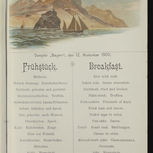 Frühstücksmenü des Norddeutschen Lloyd, Dampfer Bayern, 12. Nov. 1900, mit Aquarell-Segelboot vor Bergen und Museumsstempel.