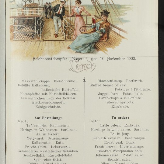 Menüblatt der Reederei Norddeutscher Lloyd (12. Nov. 1900) mit Aquarell-Deckszene: drei Passagiere auf Schiffsdeck und gedruckte Lunch-Speisekarte.