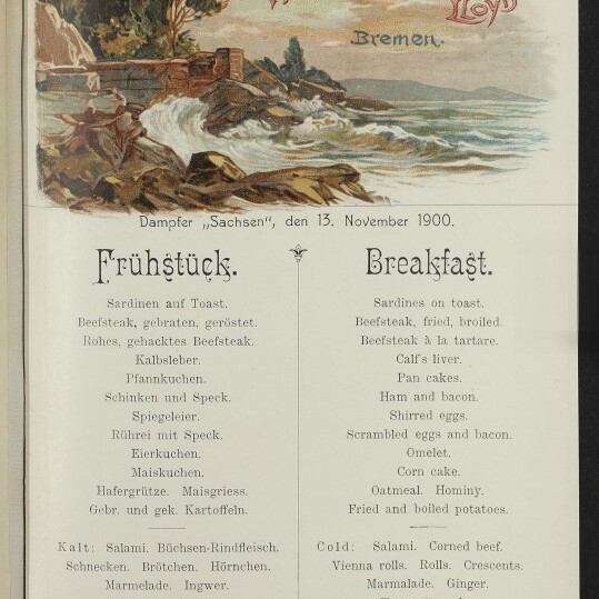 Deutsch-englisches Frühstücksmenü des Dampfers Sachsen (13.11.1900) mit Küstenbild und Museumsstempel.