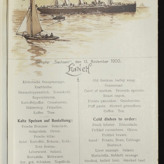 Passagierdampfer mit Segelboot unter Norddeutscher Lloyd Bremen auf Menüseite vom 13.11.1900