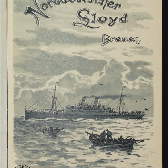 Titel Norddeutscher Lloyd Bremen zeigt einen Ozeandampfer mit Ruderbooten im Vordergrund und bewölktem Himmel.