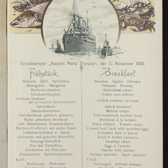Menükarte vom 2. Nov. 1900 der Norddeutscher Lloyd Bremen mit vornansichtigem Dampfschiff, Fisch-Illustrationen und zweisprachiger Frühstücksliste.