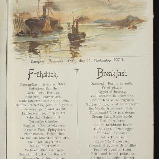 Menüblatt von Norddeutscher Lloyd (Dampfer 'Prinzess Irene', 14.11.1900) mit Aquarell-Hafenbild und zweisprachigem Frühstückstext.