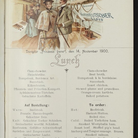 Illustration auf einem Menüblatt vom Dampfer Prinzess Irene (14. November 1900) mit vornehmem Paar auf dem Deck, Norddeutscher Lloyd-Flagge und deutsch-englischem Menü.