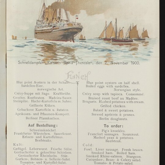 Illustration eines Dampfers „Kaiserin Maria Theresia“ vor Segelschiffen, darüber Schriftzug Norddeutscher Lloyd Bremen und darunter eine zweisprachige Speisekarte von 1900.