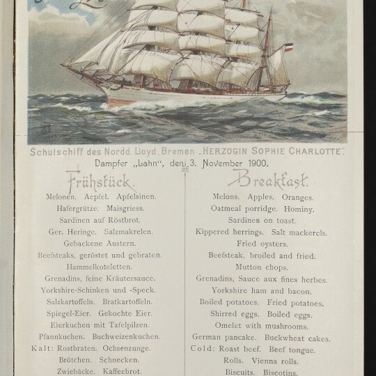 Großes Segelschiff unter vollen Segeln, darüber Norddeutscher Lloyd Bremen, darunter ein zweisprachiges Menü (1900).