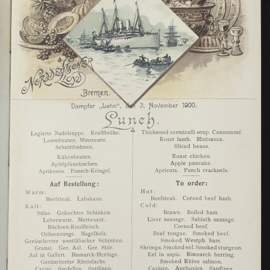 Gestaltetes Menüblatt der Reederei Norddeutscher Lloyd (Dampfer 