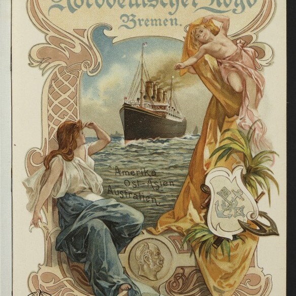 Plakat der Reederei Norddeutscher Lloyd Bremen zeigt einen Ozeandampfer auf See zwischen zwei allegorischen Frauenfiguren.
