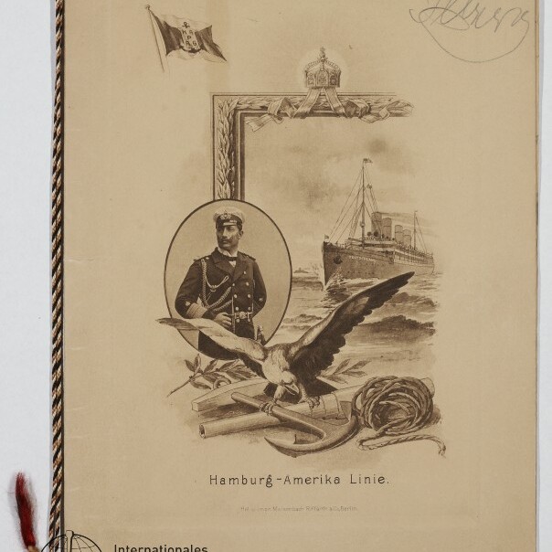 Vintages Titelblatt der Hamburg‑Amerika Linie mit Kapitänsporträt, Dampfschiff, Seeadler und Tauwerk.