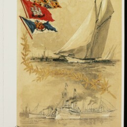 Historische maritime Illustration mit Segelyacht, Dampfern, drei Fahnen und Schriftzug Internationales Maritimes Museum Hamburg.