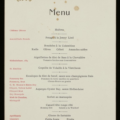 Menüblatt des 118. Jubiläumsbanketts der German Society New York mit aufgeführten Speisen und Weinen.