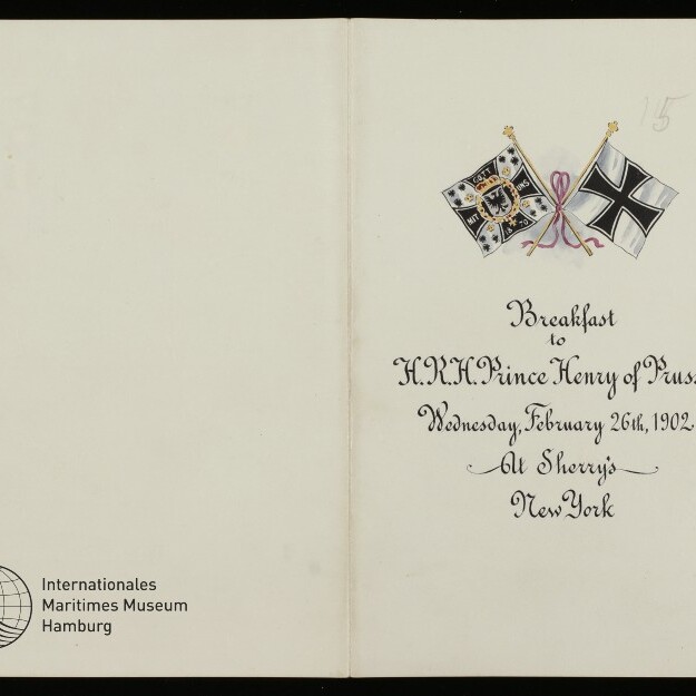 Offenes Menü mit gekreuzten preußischen Flaggen und Einladung zum Frühstück für Prince Henry of Prussia, 26. Feb. 1902.