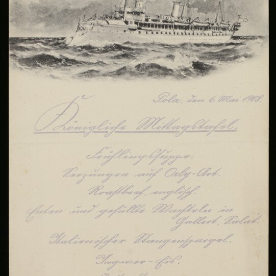Zeichnung eines dampfenden Passagierschiffs auf rauer See oben, handschriftlicher Text darunter und Museumslogo unten links.