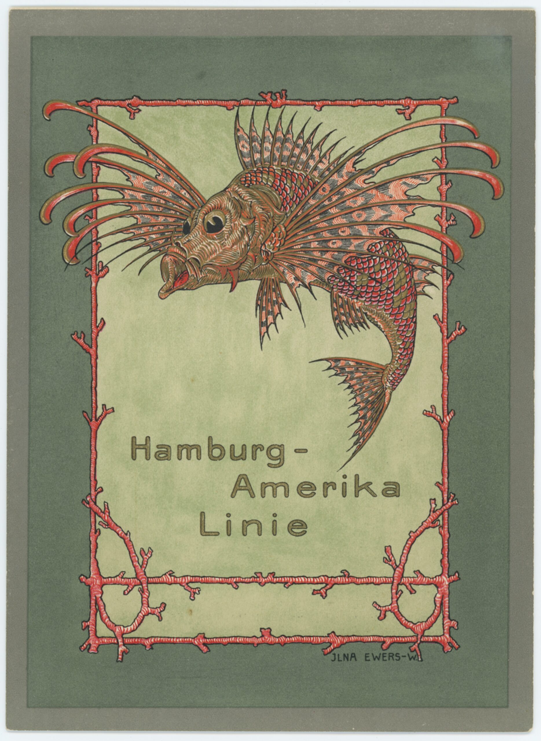 Stilisierter stacheliger Meeresfisch mit langen Flossen in rotem Korallenrahmen und Aufschrift Hamburg‑Amerika Linie.