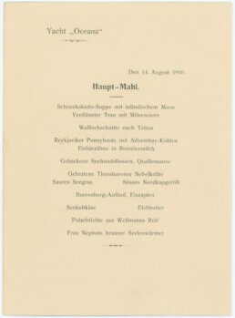 Gedruckte Men&uuml;karte der Yacht Oceana vom 14. August 1910 mit dem Titel Haupt-Mahl und einer Liste deutschsprachiger Gerichte.