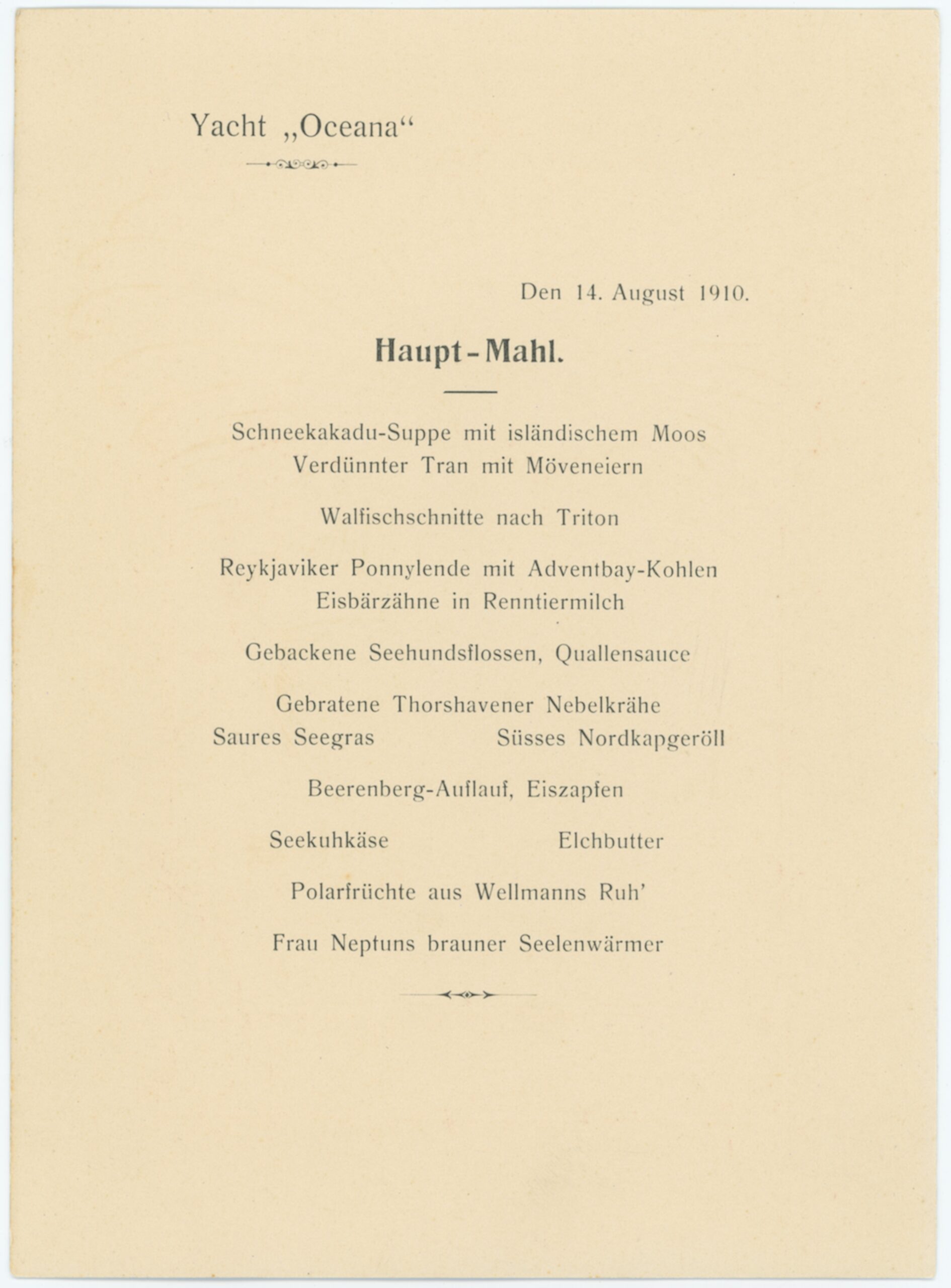 Gedruckte Men&uuml;karte der Yacht Oceana vom 14. August 1910 mit dem Titel Haupt-Mahl und einer Liste deutschsprachiger Gerichte.